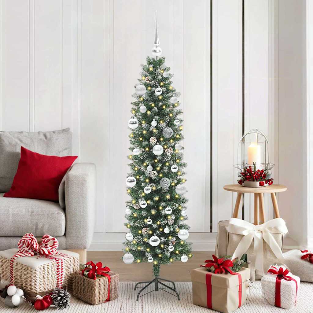 VidaXL sapin de Noël artificiel mince avec 150 LED vert et blanc 150 cm