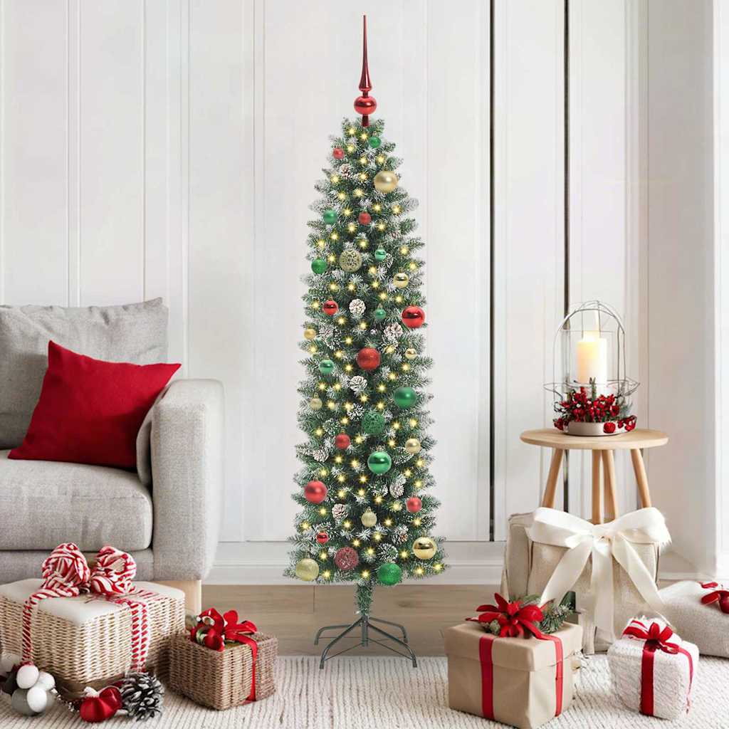 VidaXL sapin de Noël artificiel mince avec 150 LED vert et blanc 150 cm