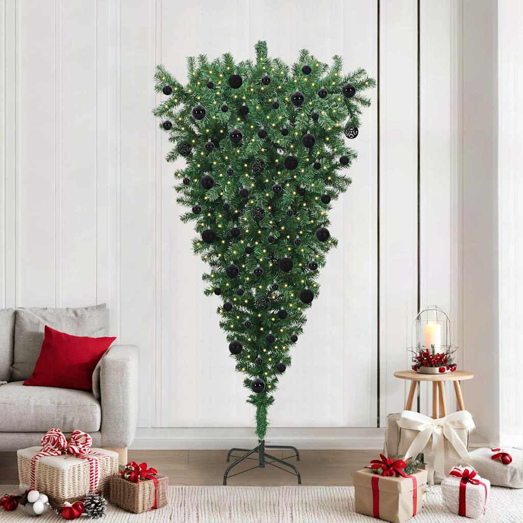 VidaXL sapin de Noël artificiel inversé avec jeu de boules vert 210 cm PVC