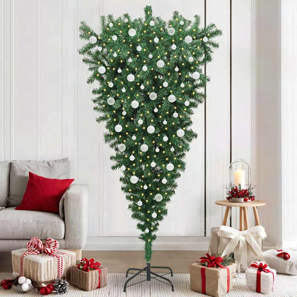 VidaXL sapin de Noël artificiel inversé avec éclairage et jeu de boules PVC