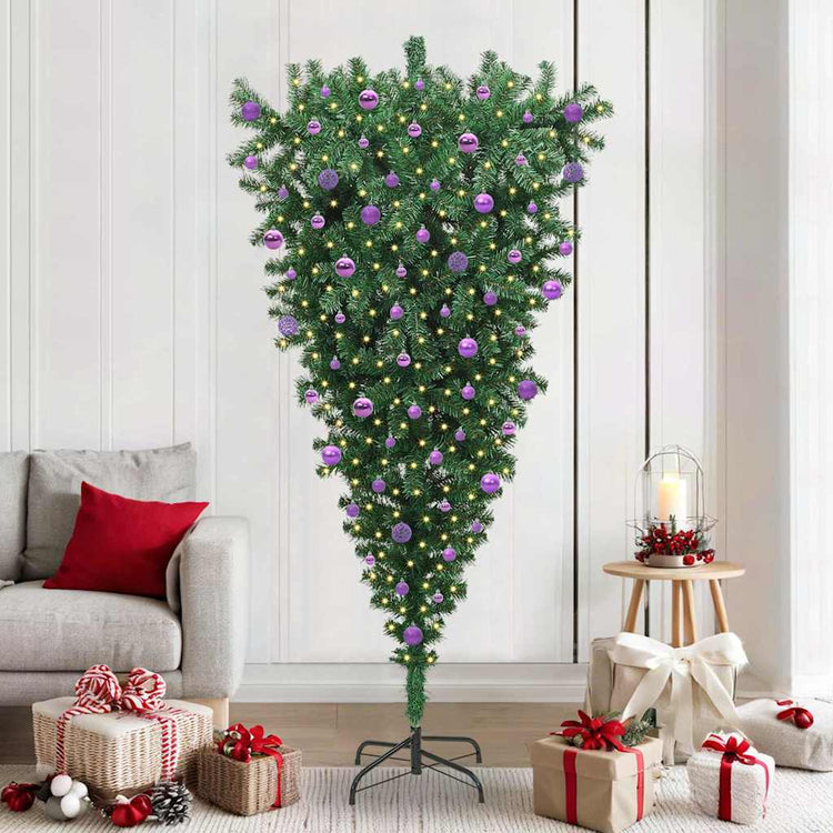 VidaXL sapin de Noël artificiel inversé avec jeu de boules vert 210 cm PVC