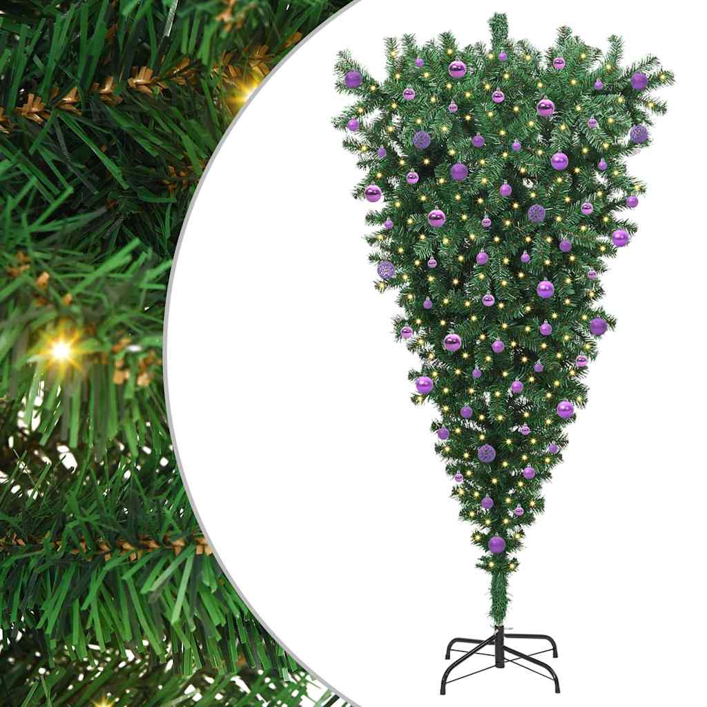 VidaXL sapin de Noël artificiel inversé avec jeu de boules vert 210 cm PVC