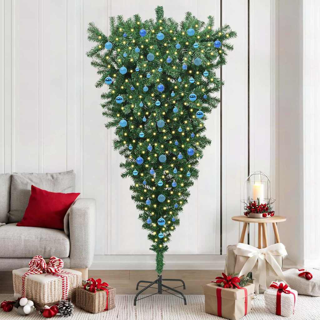 VidaXL sapin de Noël artificiel inversé avec jeu de boules vert 210 cm PVC