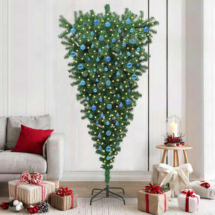 VidaXL sapin de Noël artificiel inversé avec jeu de boules vert 210 cm PVC