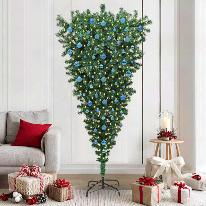 VidaXL sapin de Noël artificiel inversé avec jeu de boules vert 210 cm PVC