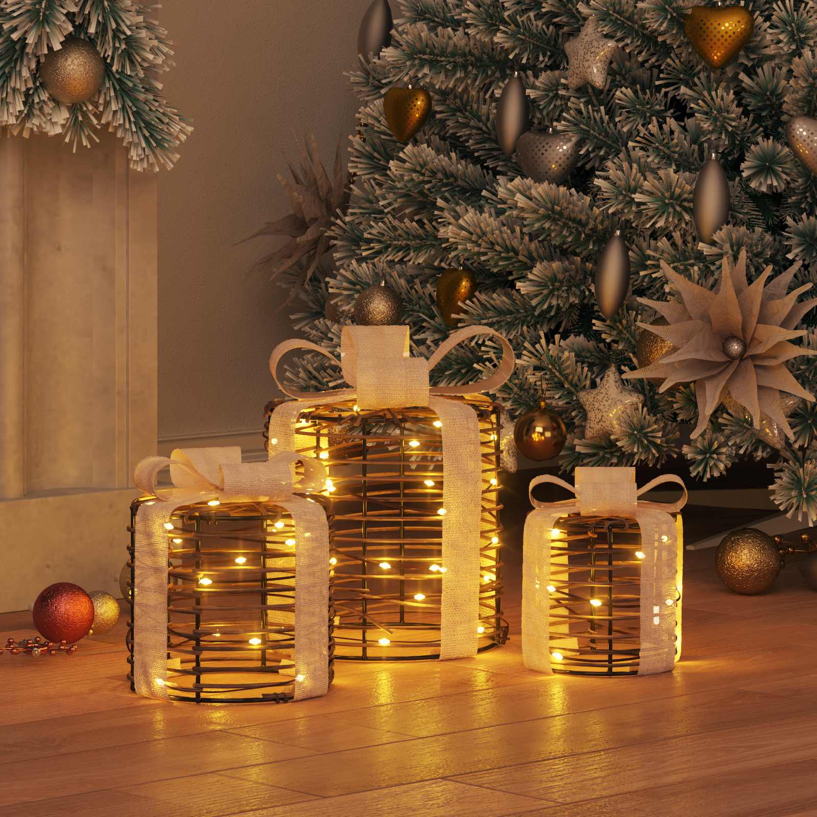 Vidaxxl coffret cadeau décoration 3 pcs blanc chaud 20 x 20 x 20 cm rotin