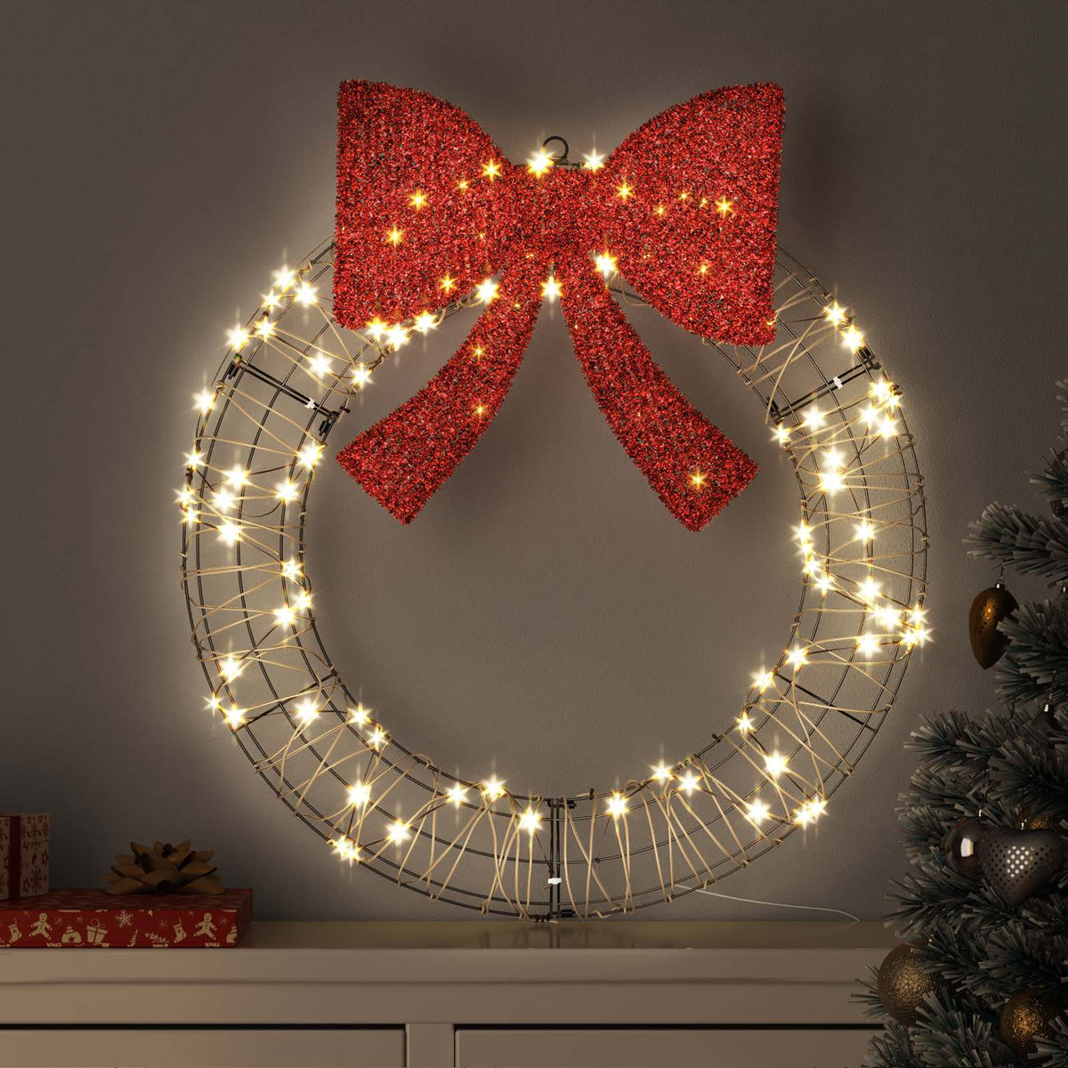 Couronne Vidaxx avec 60 LED blanc chaud 76 x 76 x 8 cm rotin