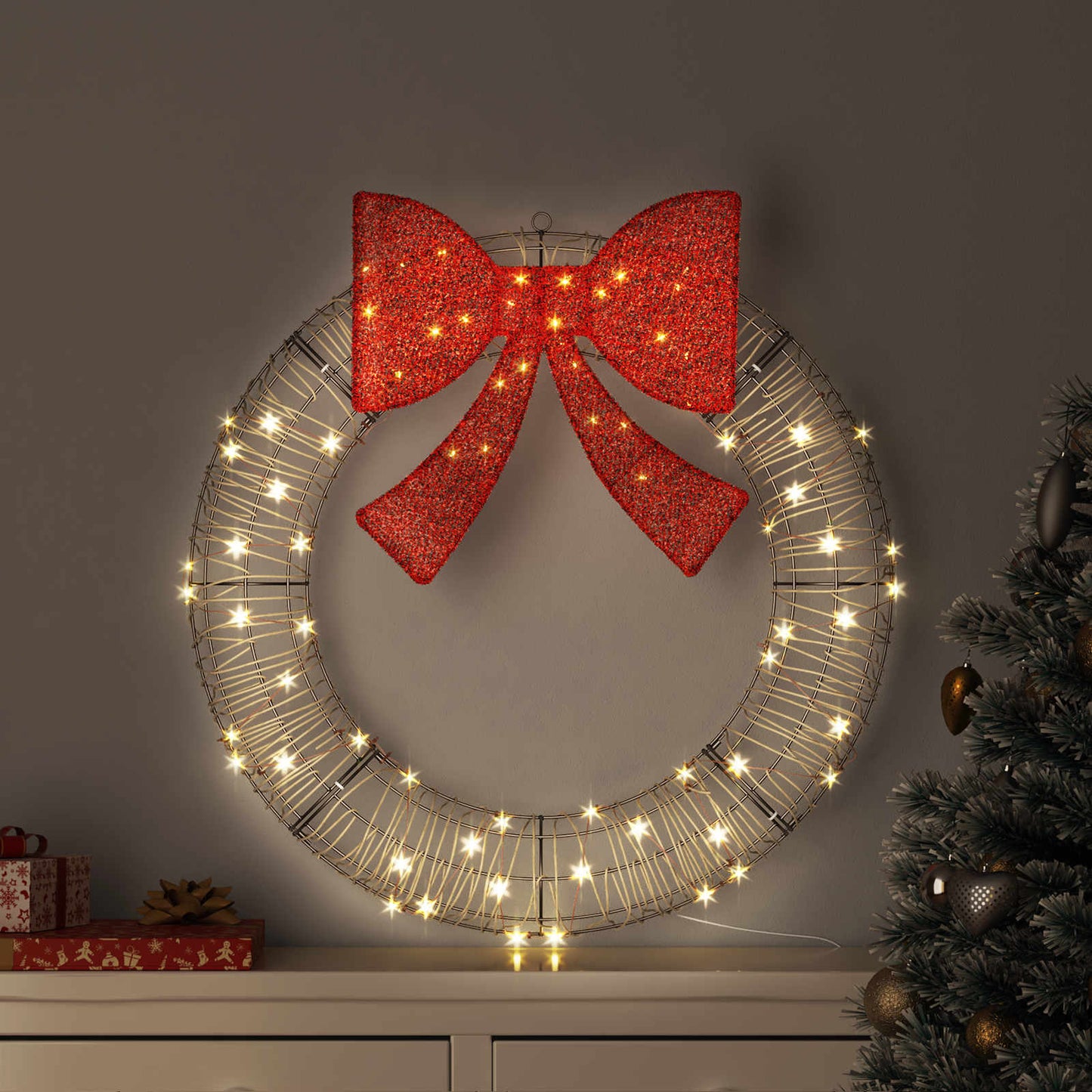 Couronne Vidaxx avec 80 LED blanc chaud 91 x 91 x 9 cm rotin