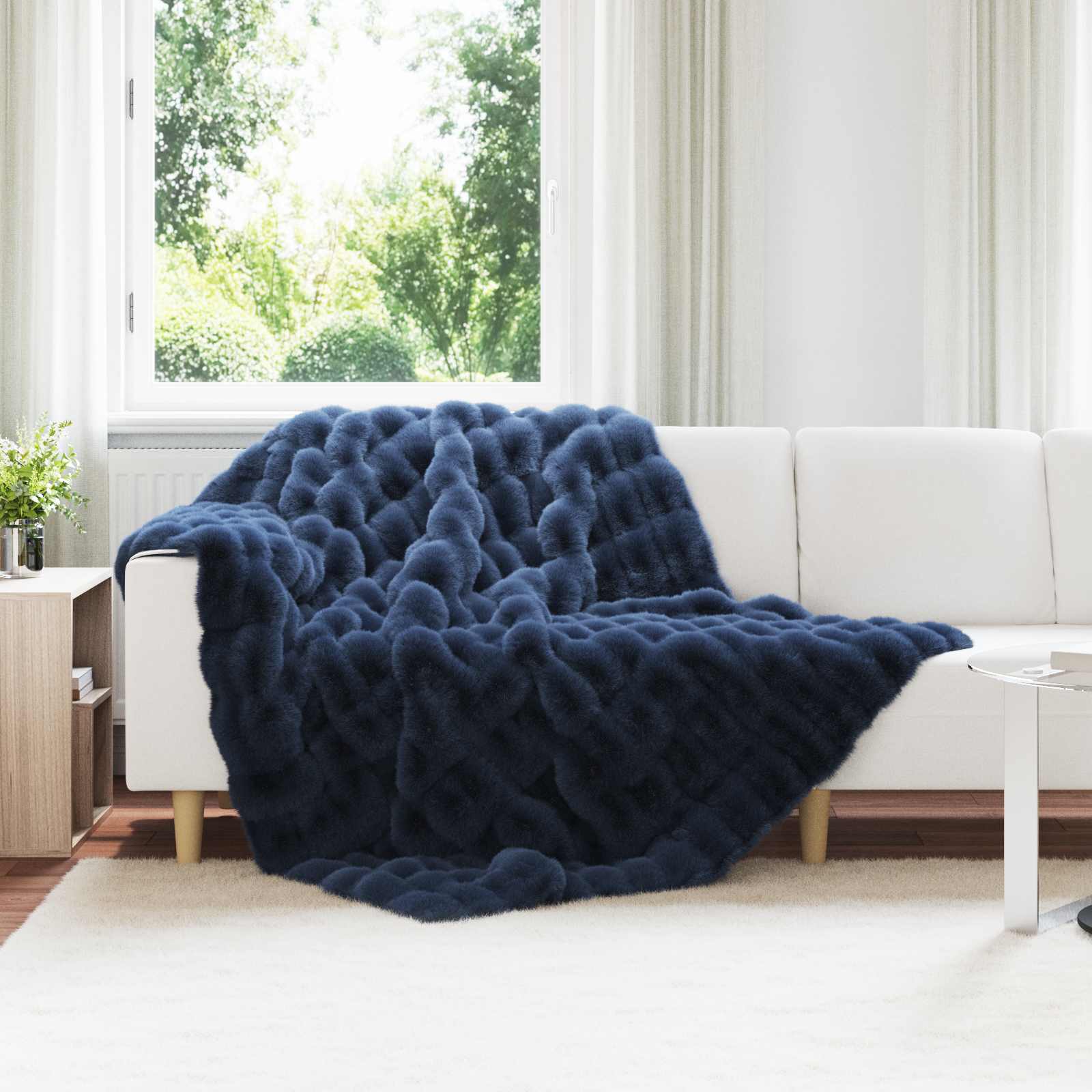 VidaXL couverture en fausse fourrure de lapin huile bleu marine 150 x 220 cm