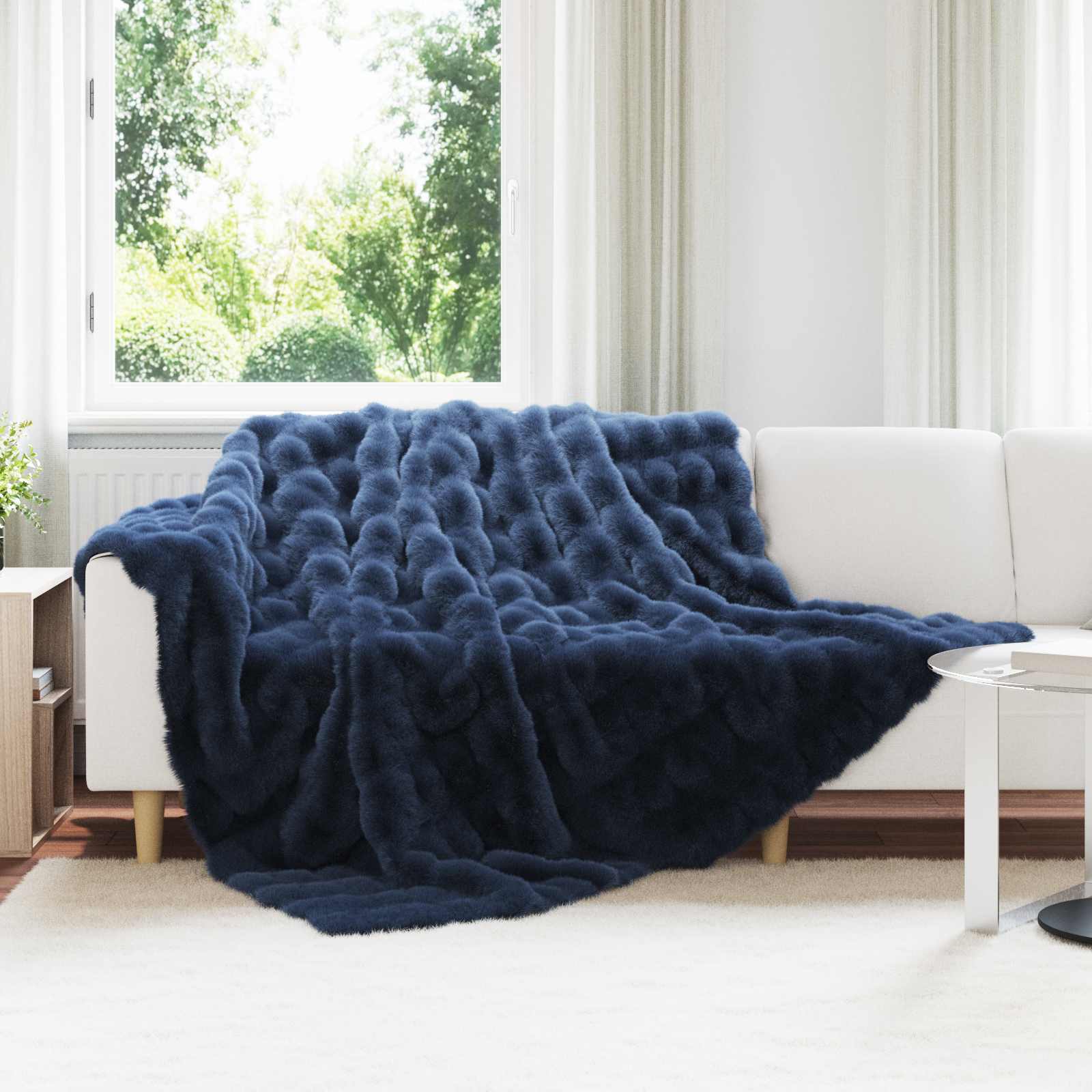 VidaXL couverture en fausse fourrure de lapin olite 4 pcs bleu marine 240 x 270 cm