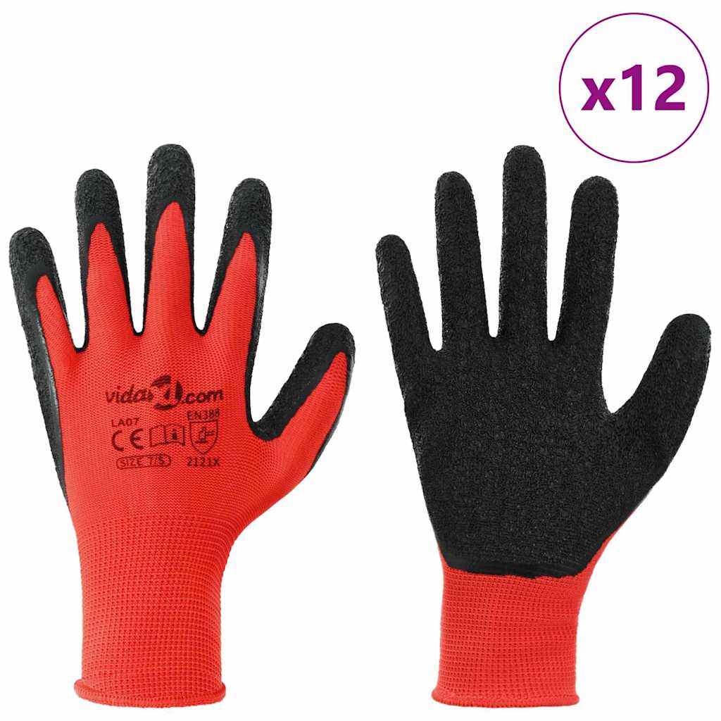 Vidaxl gants de travail 12 pcs revêtement latex rouge et noir 7 s