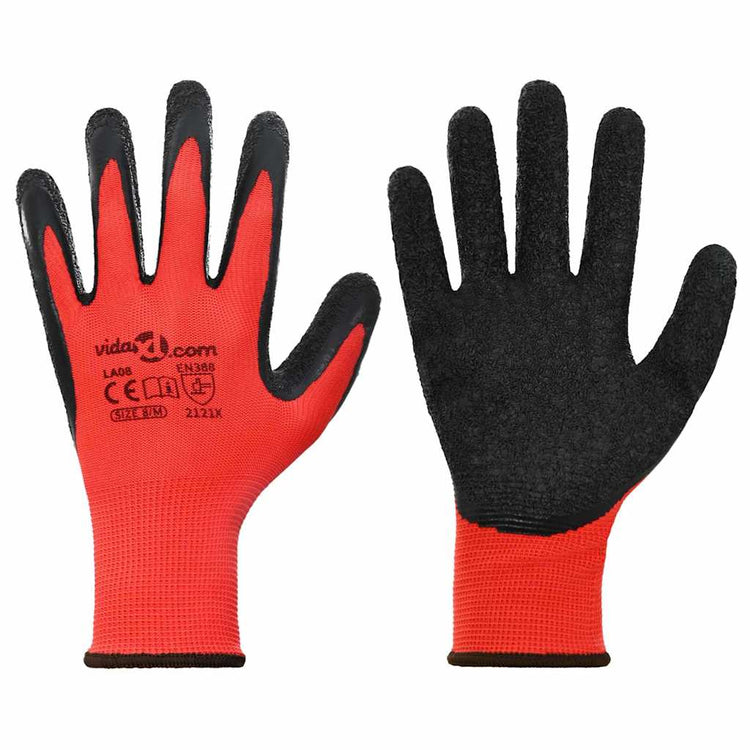 Vidaxl gants de travail 12 pcs rouge et noir 8 m revêtement latex
