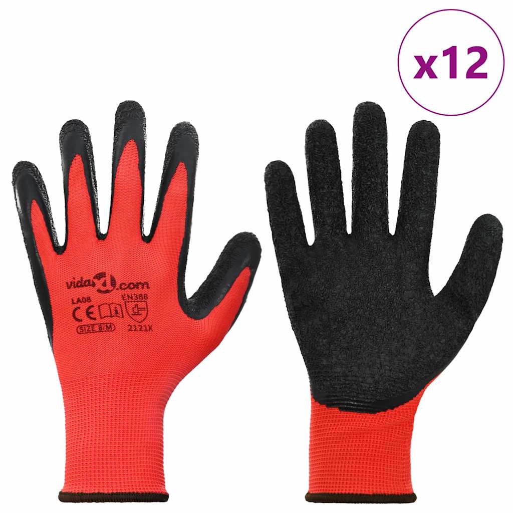 Vidaxl gants de travail 12 pcs rouge et noir 8 m revêtement latex