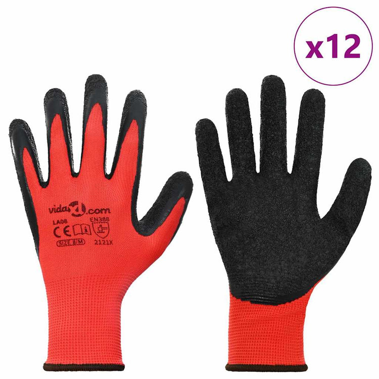 Vidaxl gants de travail 12 pcs rouge et noir 8 m revêtement latex