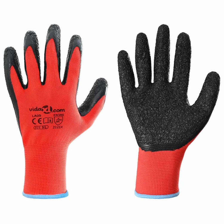 Vidaxl gants de travail 12 pcs rouge et noir 9 l revêtement latex