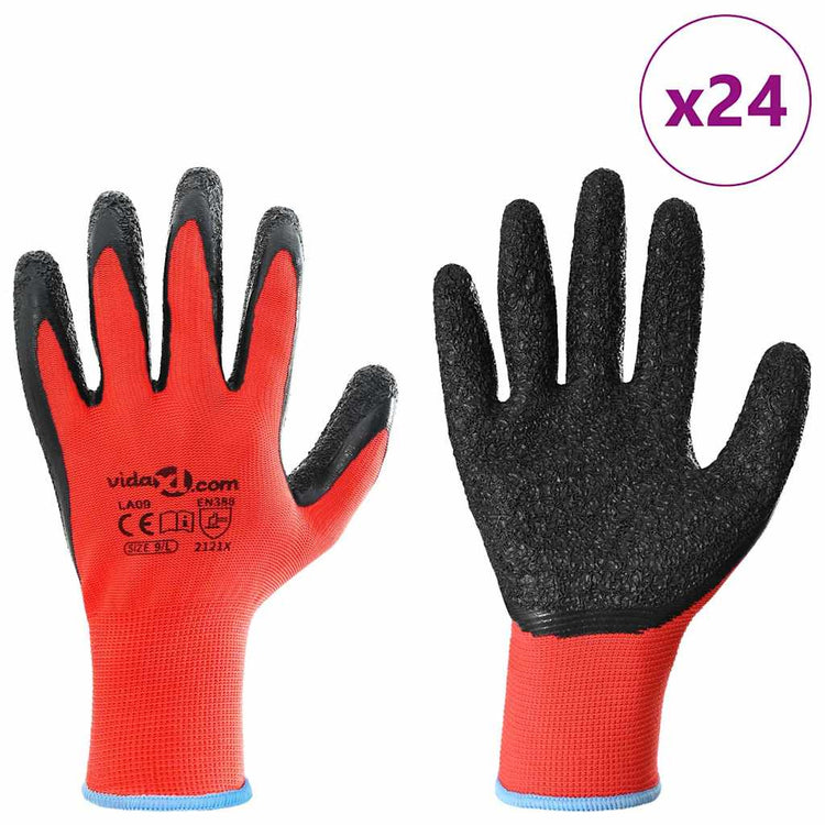 Vidaxl gants de travail 24 pcs rouge et noir 9 l revêtement latex