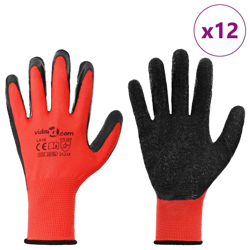 Vidaxl gants de travail 12 pcs rouge et noir 10 xl revêtement latex
