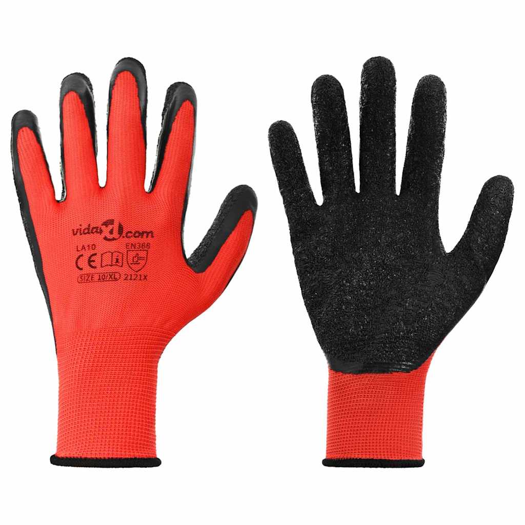 Vidaxl gants de travail 24 pcs rouge et noir 10 xl revêtement latex
