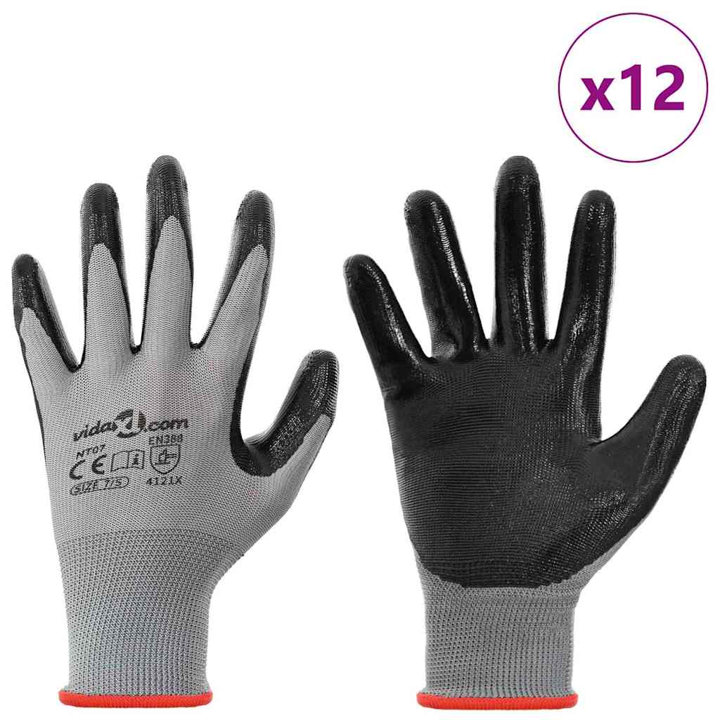Vidaxl gants de travail 12 pcs gris et noir 7 s polyester