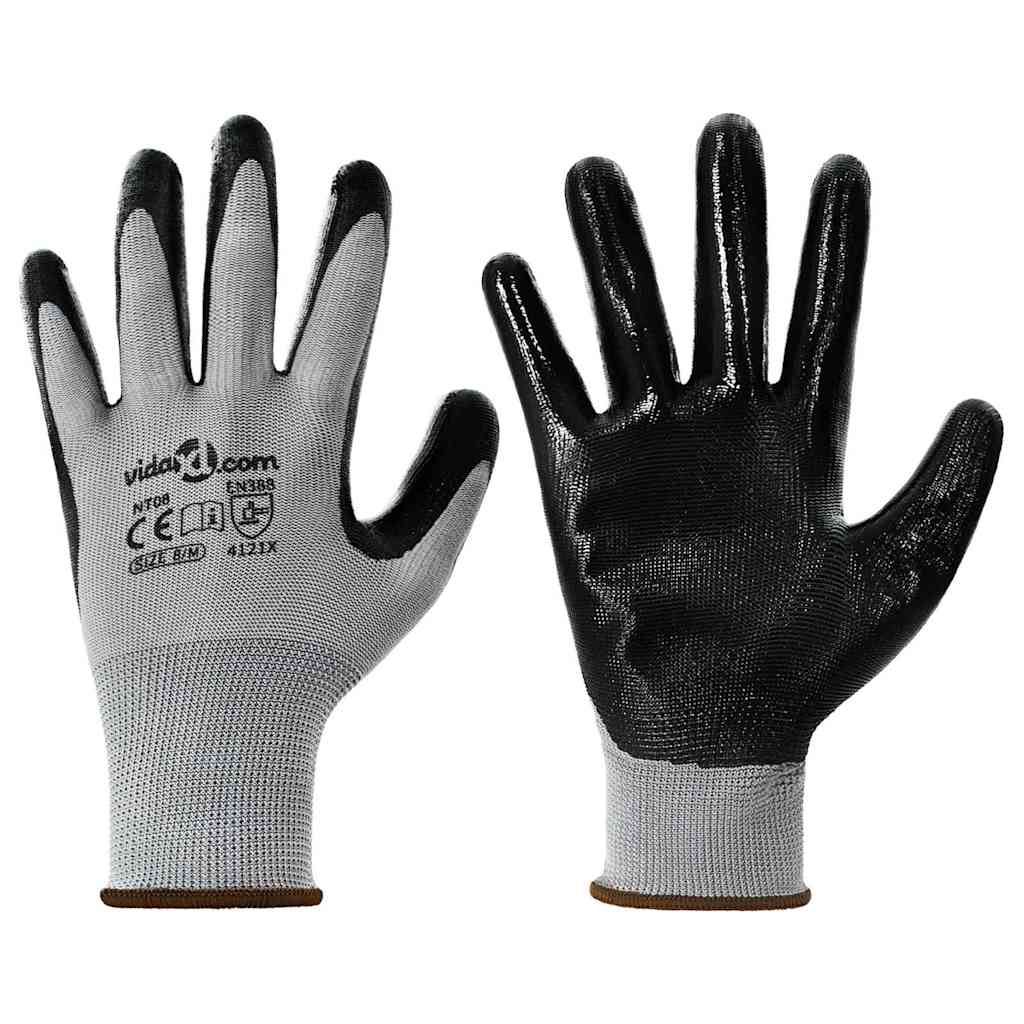 VidaXL gants de travail 12 pcs gris et noir 8 m polyester