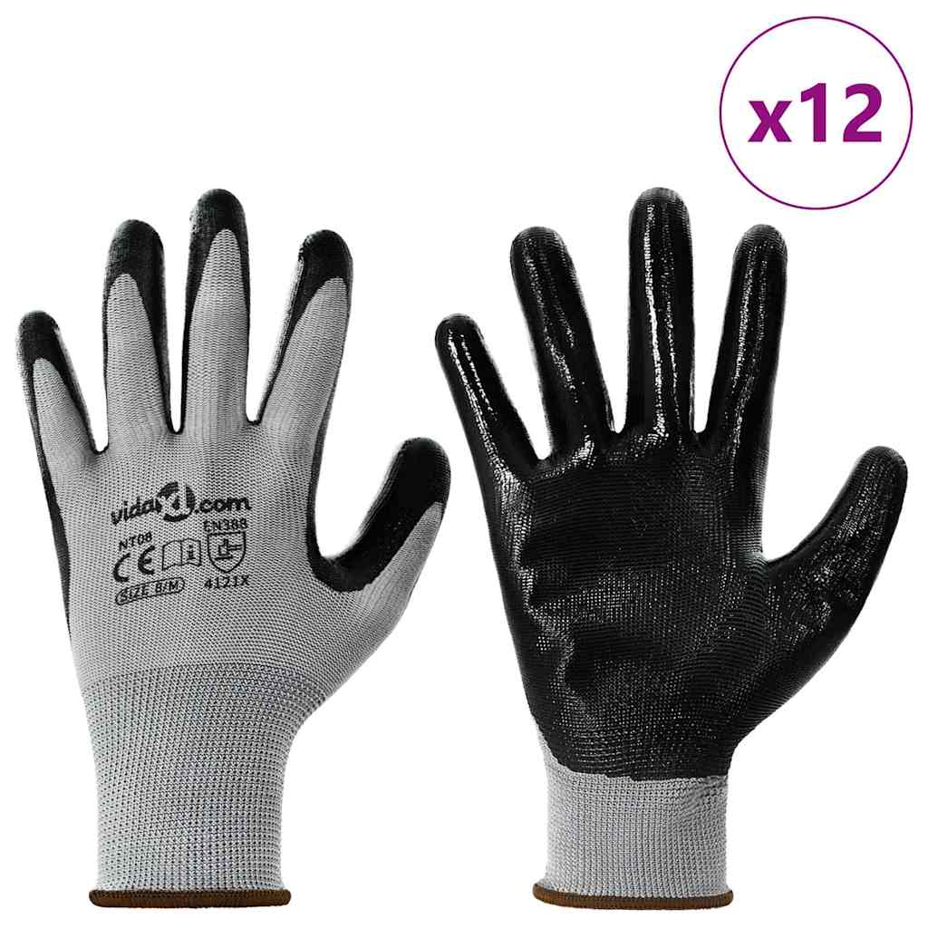 VidaXL gants de travail 12 pcs gris et noir 8 m polyester