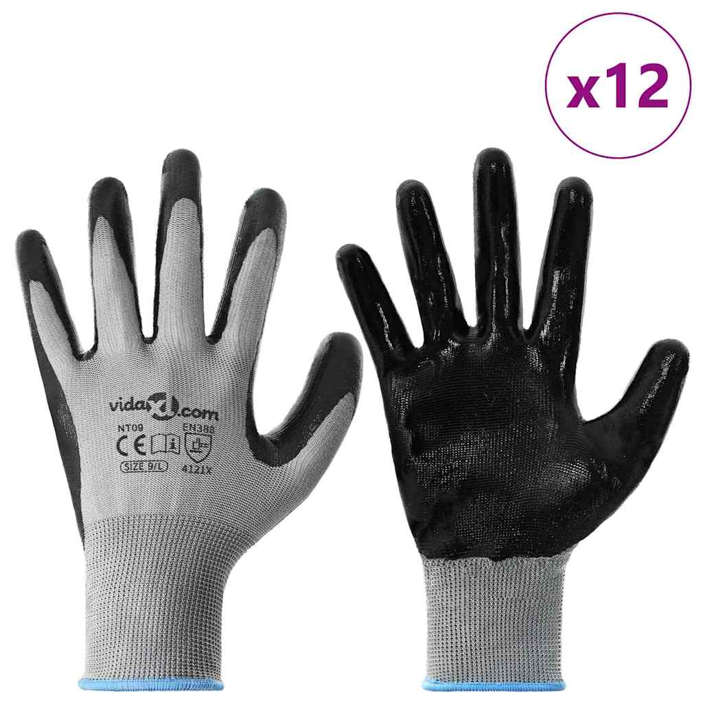Vidaxl gants de travail 12 pcs gris et noir 9 l polyester