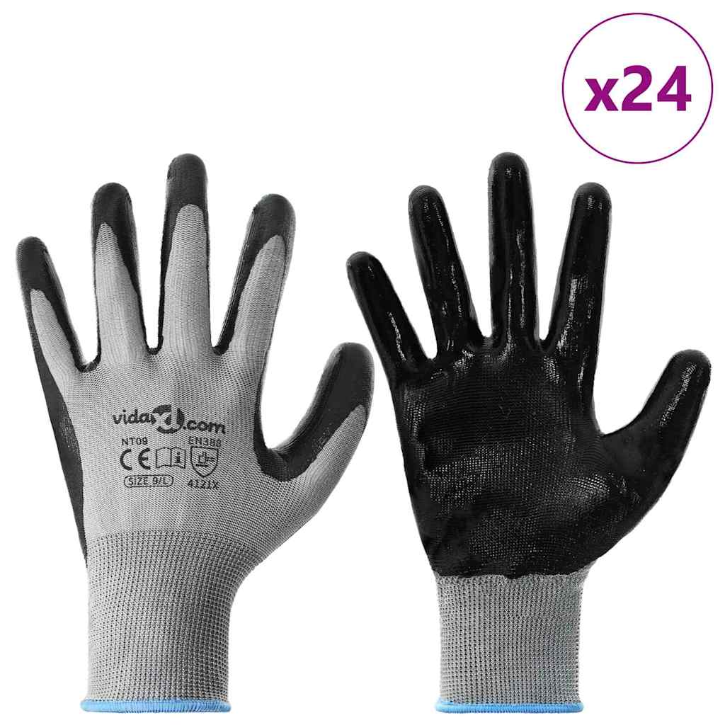 Vidaxl gants de travail 24 pcs gris et noir 9 l polyester