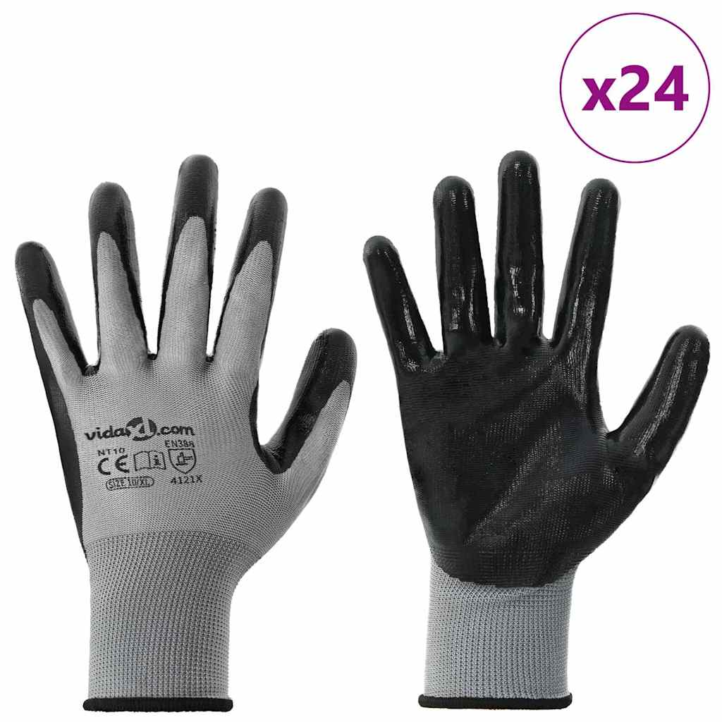 Vidaxl gants de travail 24 pcs gris et noir 10 xl polyester