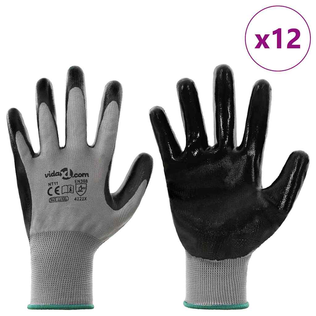 VidaXL gants de travail 12 pcs gris et noir 11 xxl polyester