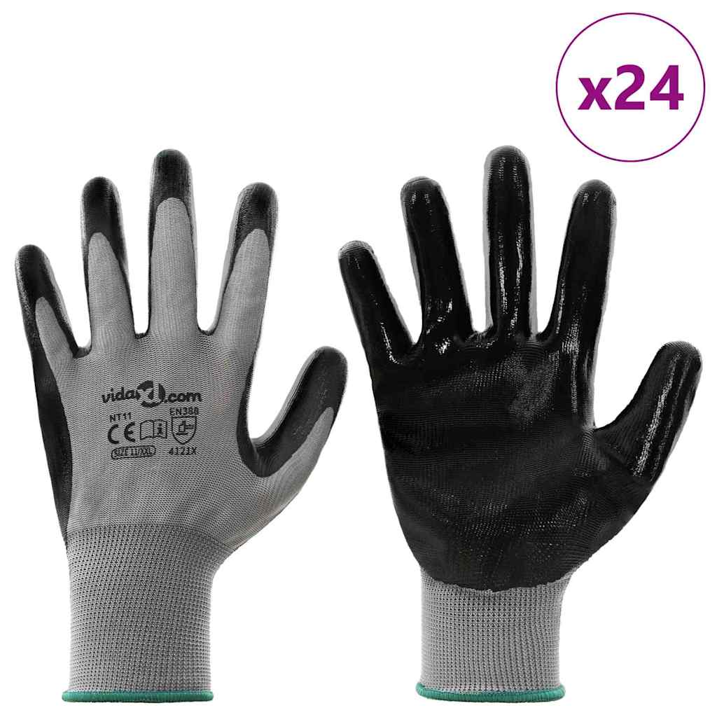 VidaXL gants de travail 24 pcs gris et noir 11 xxl polyester