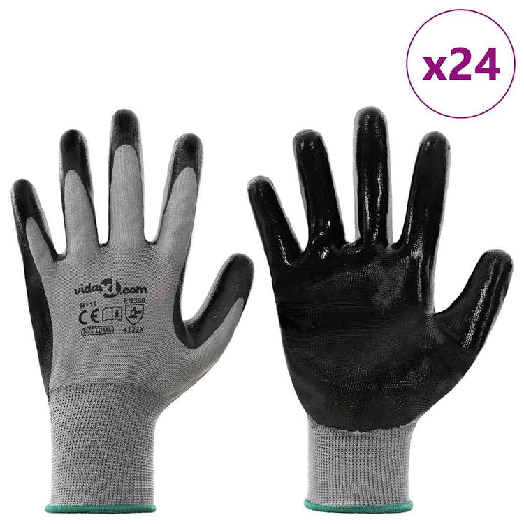 VidaXL gants de travail 24 pcs gris et noir 11 xxl polyester