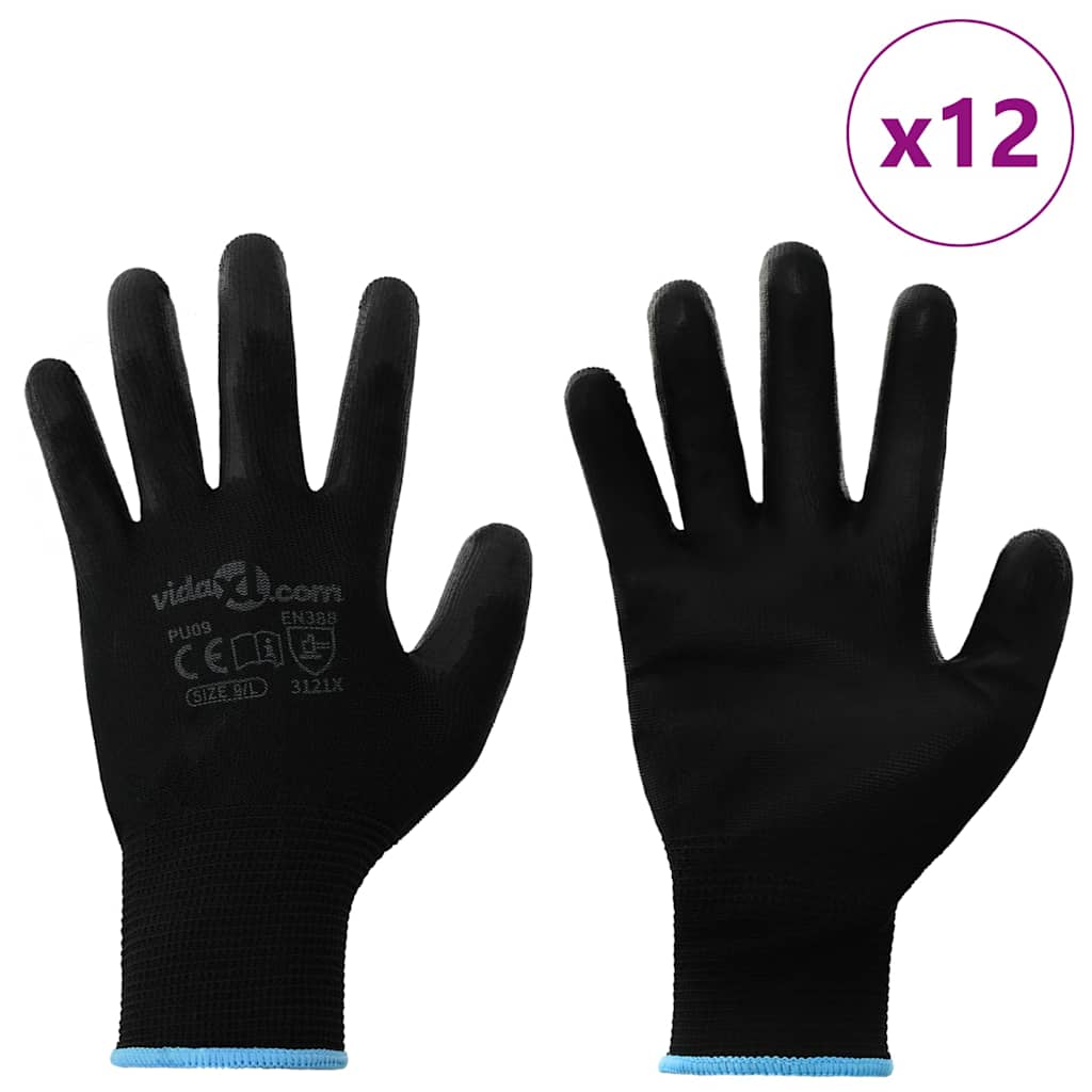 VidaXL gants de travail 12 pcs noir 9 l polyester