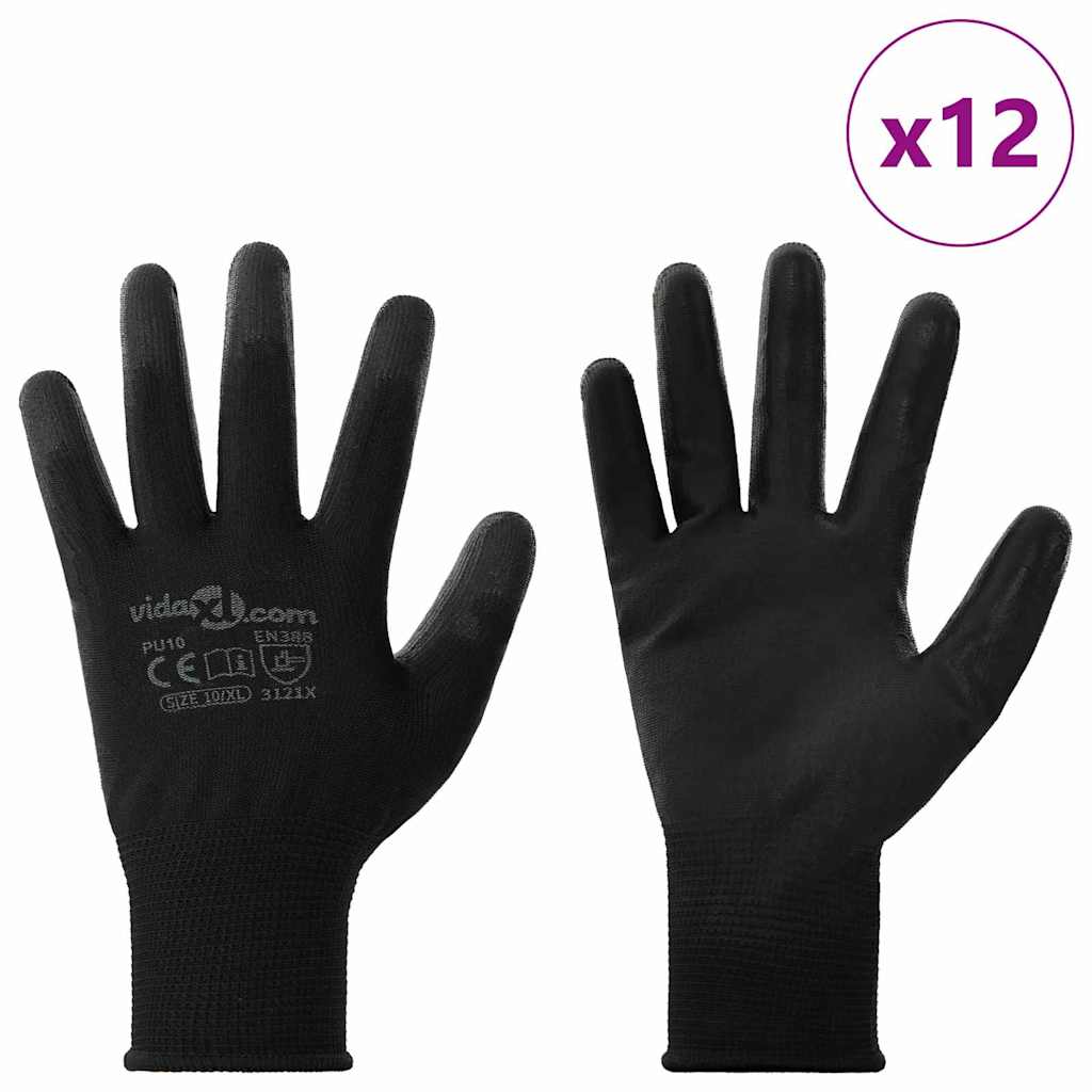 Vidaxl gants de travail 12 pcs noir 10 xl polyester