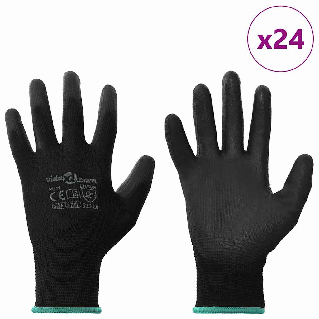 VidaXL gants de travail 24 pcs noir 11 xxl polyester