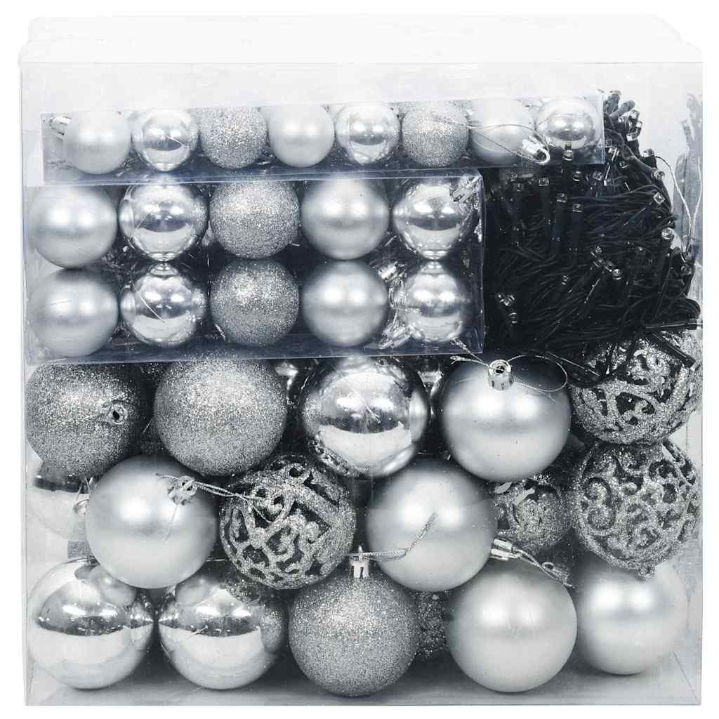 VidaXL ensemble de boules de Noël avec 300 LED 120 pcs en plastique argenté