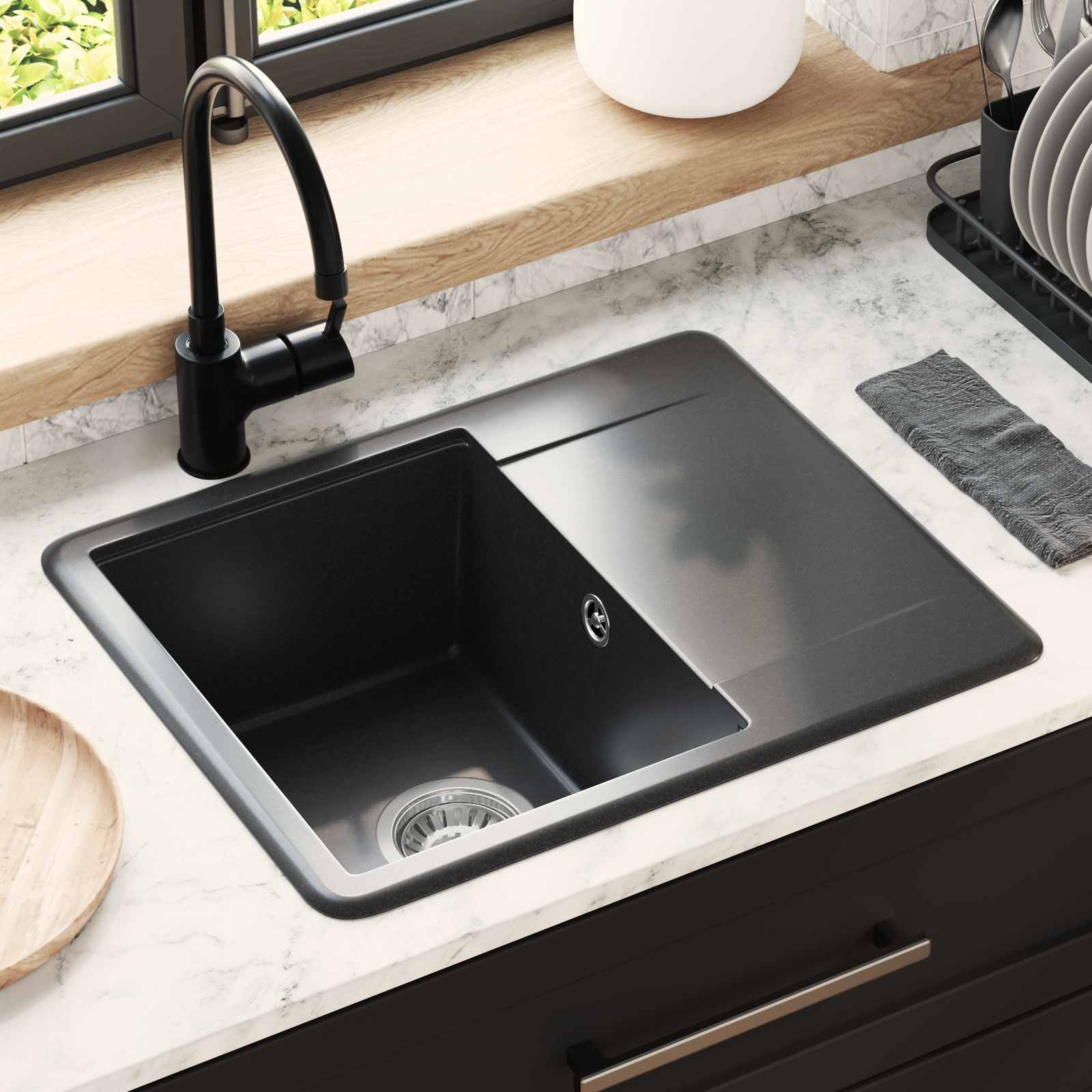 VidaXL évier noir 560 x 460 mm 80% quartz et 20% résine