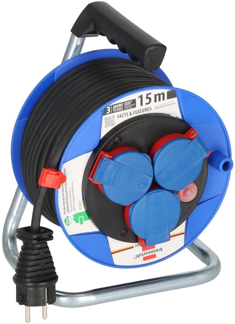 Brennerstuhl garant kompakt ip44 enrouleur de câble (15 m, en plastique spécial, pour une utilisation extérieure de courte durée, fabriqué en Allemagne) bleu