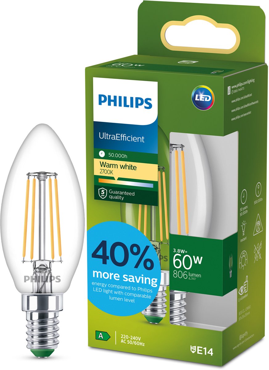 Philips LED Lampe LED ultra-efficace Philips - 60W - culot E14 - lumière blanc chaud : 2700K - verre dépoli - lampe boule P45 - longue durée de vie