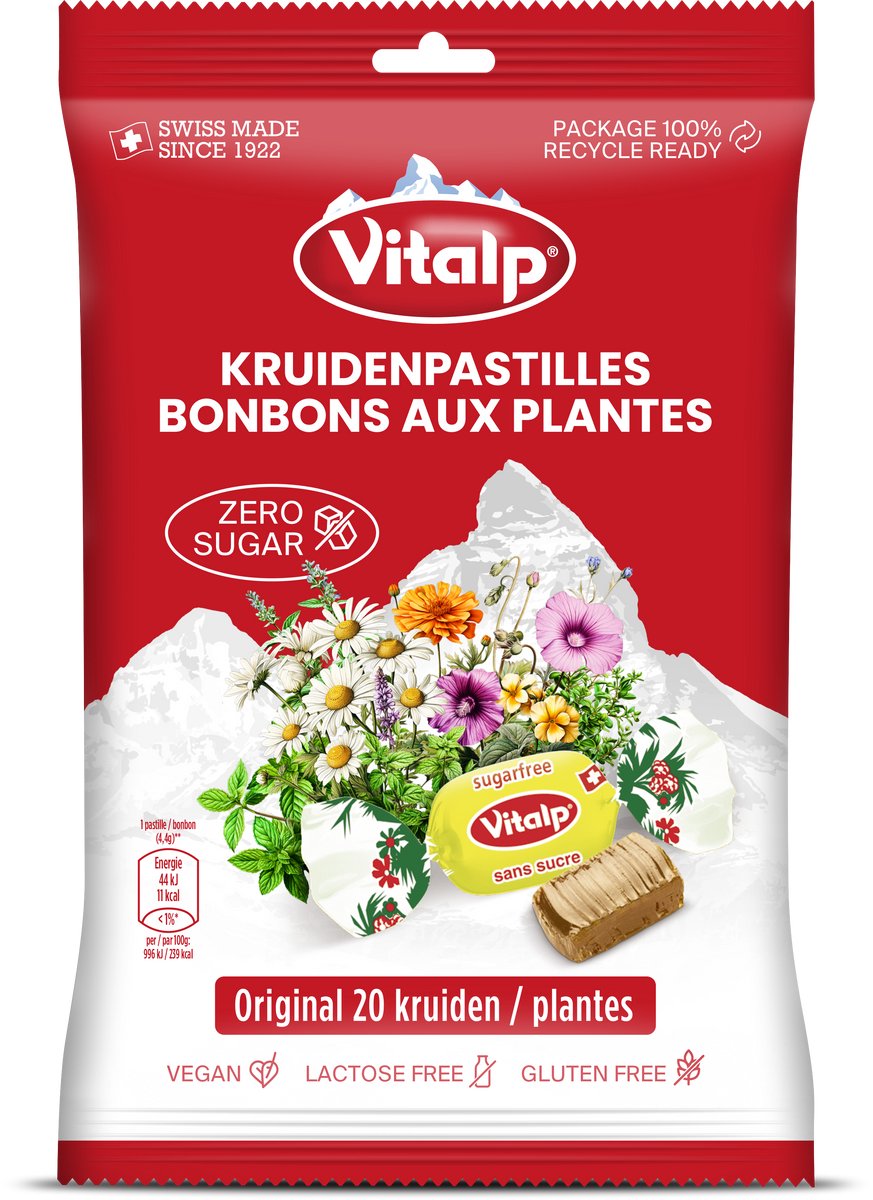 Vitalp - pastilles pour la gorge - originales aux 20 herbes sans sucre - végétaliennes - 16 sachets - 75 grammes