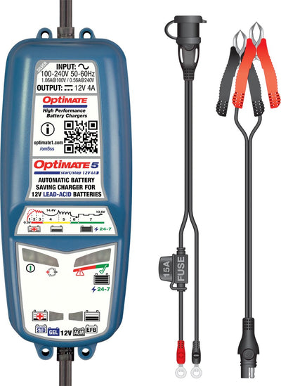 Optimate 5 start stop 12 v 4 un chargeur de batterie automatique et chargeur d'entretien pour batteries AGM, Gel, EFB STD avec 7 étapes et économise votre chargeur de 0,5 V