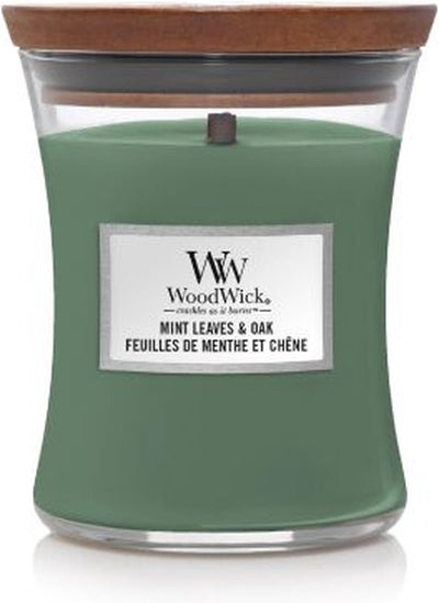 Bougie parfumée moyenne Woodwick Hourglass - Chêne feuilles de menthe - 60 heures de combustion