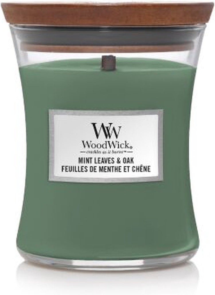 Bougie parfumée moyenne Woodwick Hourglass - Chêne feuilles de menthe - 60 heures de combustion