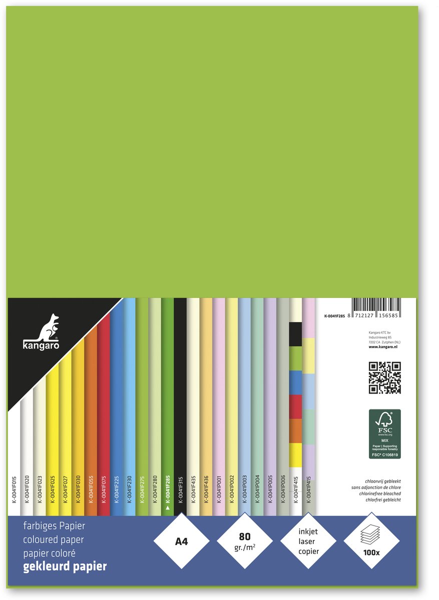 Papier Kangaro - format A4 - 80 grammes - couleur vert vif - paquet de 100 feuilles - k-0041f285