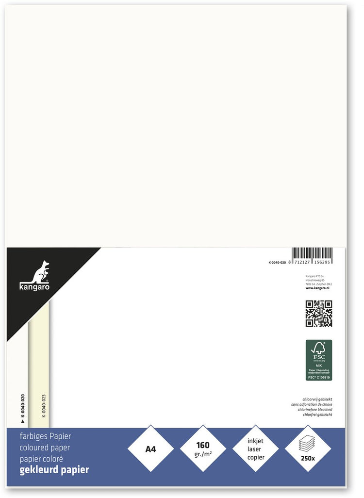 Papier de couleur kangourou sans marque sans marque - format a4 - 160 grammes - blanc crème - paquet de 250 feuilles - k-0040-020