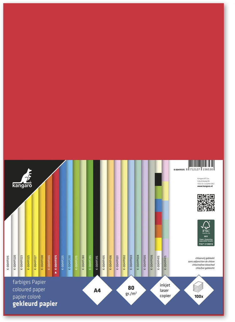 Papier kangaro sans marque sans marque - format a4 - 80 grammes - rouge - paquet de 100 feuilles - k-0041f075