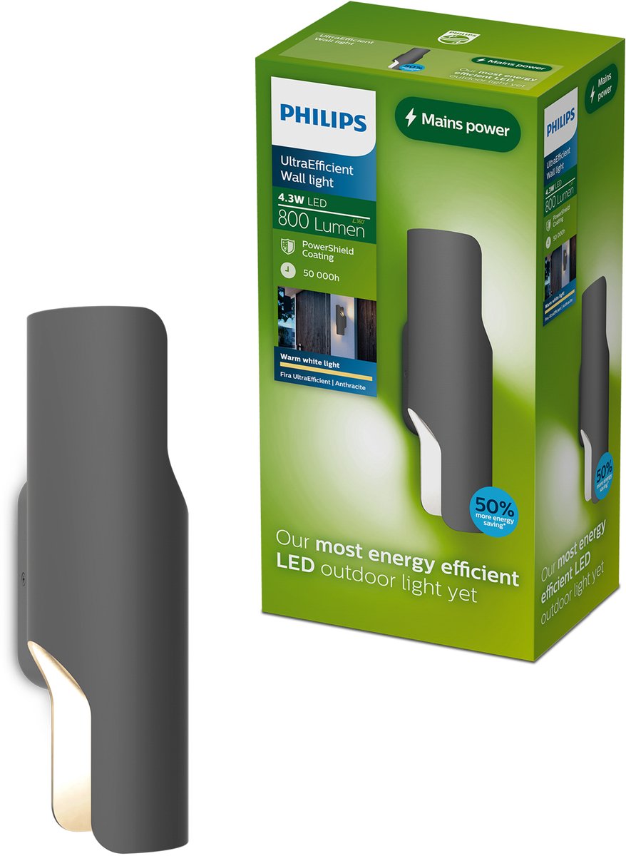 Philips LED Applique Philips Fira - éclairage extérieur - brille dans deux directions - lumière blanc chaud : 2700k - anthracite - aluminium - revêtement Powershield - longue durée de vie