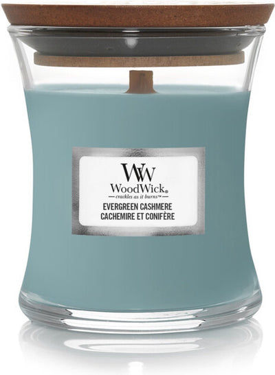 Mini bougie bougie parfumée Woodwick - cachemire à feuilles persistantes - 20 heures de combustion - 85gr - 8 cm ø 7 cm