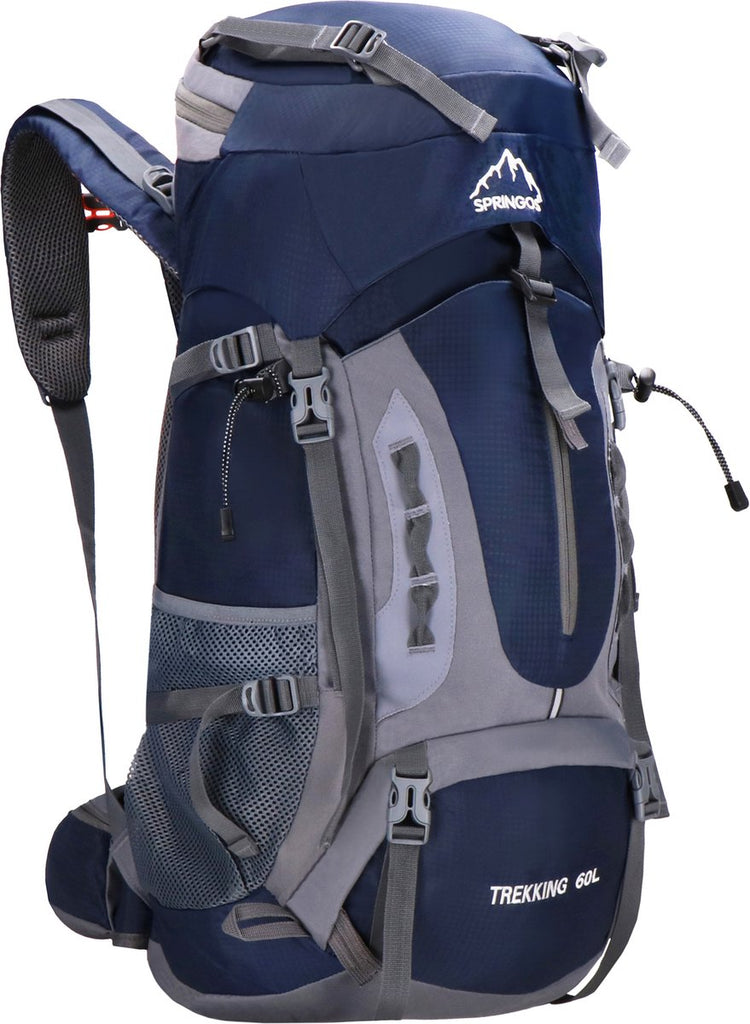 Sac à dos Springos - sac à dos - multifonctionnel - camping - voyage - housse de pluie - sifflet - 60 litres - gris bleu