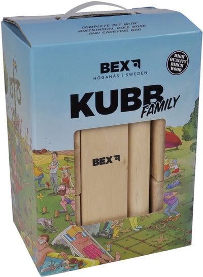 Famille Bex Kubb – Échecs vikings suédois – Jeu d'extérieur durable – Bois de bouleau FSC – Roi avec couronne couleur bois – à partir de 8 ans – avec filet de rangement avec cordon de serrage