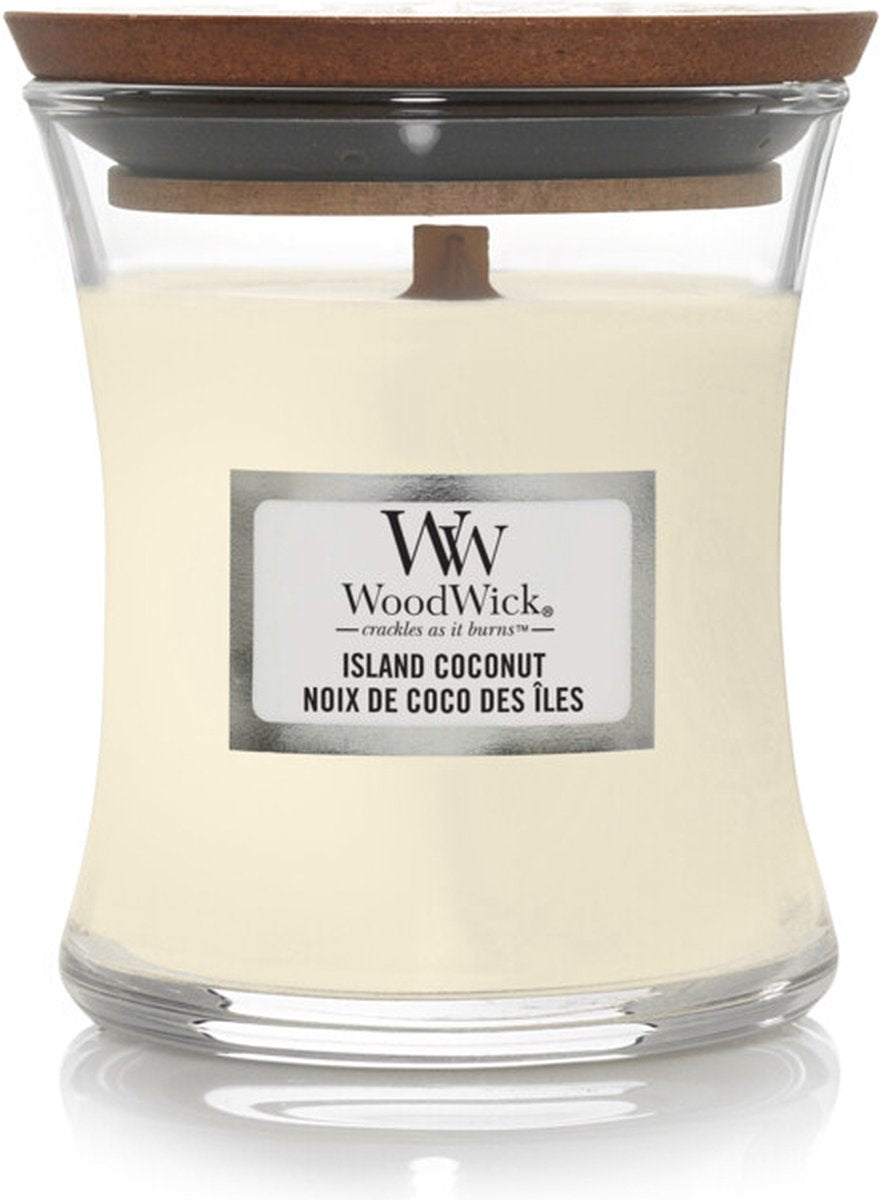 Mini bougie bougie parfumée Woodwick - noix de coco des îles - 20 heures de combustion - 85gr - 8 cm ø 7 cm